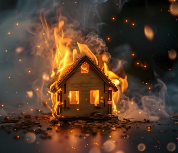 a toy wooden house on fire. The concept of security