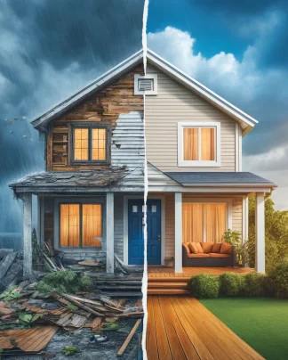 DALL·E-2024-04-27-11.50.57-A-split-image-for-a-blog-post-featuring-a-before-and-after-comparison-of-a-house.-The-left-side-shows-a-home-with-damaged-siding-after-a-storm-with-